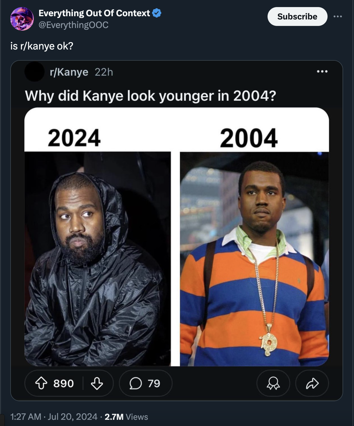 Ye - Everything Out Of Context is rkanye ok? rKanye 22h Why did Kanye look younger in 2004? 2024 2004 890 79 2.7M Views Subscribe